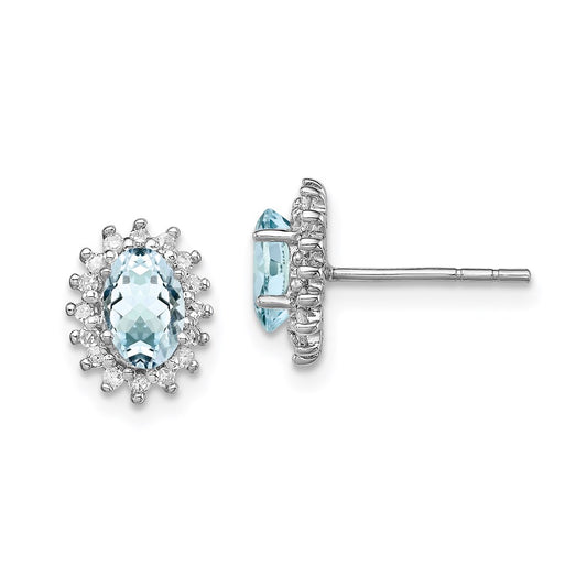 Sterling Silver Rhodium Plated Diamond Aquamarine Post Earrings