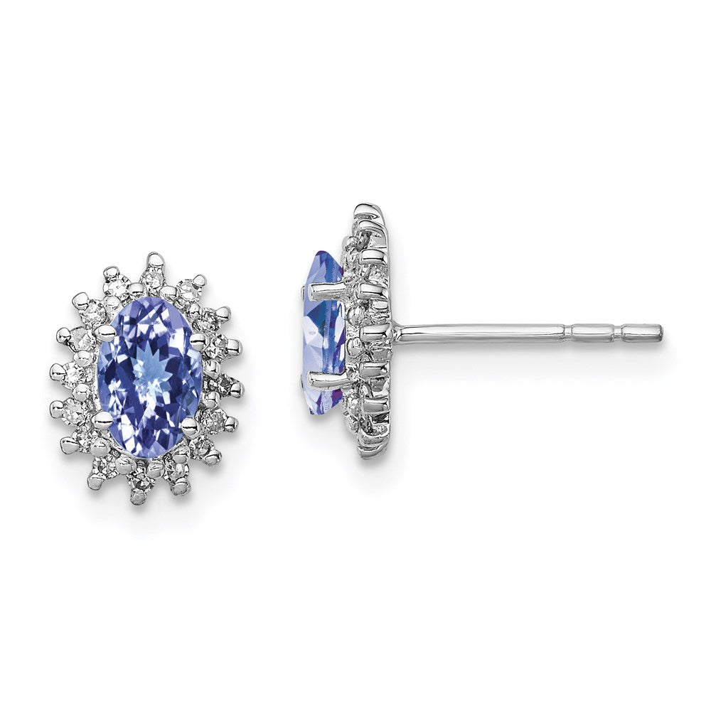 Sterling Silver Rhodium Plated Diamond Tanzanite Oval Post Earrings