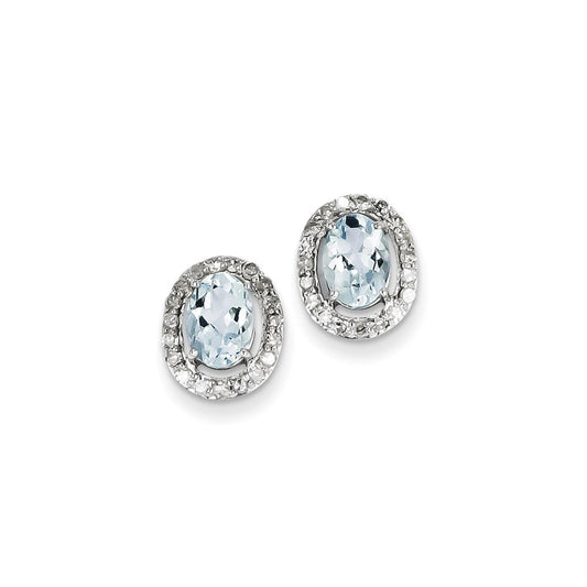 Sterling Silver Rhodium Plated Dia. u0026 Aquamarine Oval Post Earrings