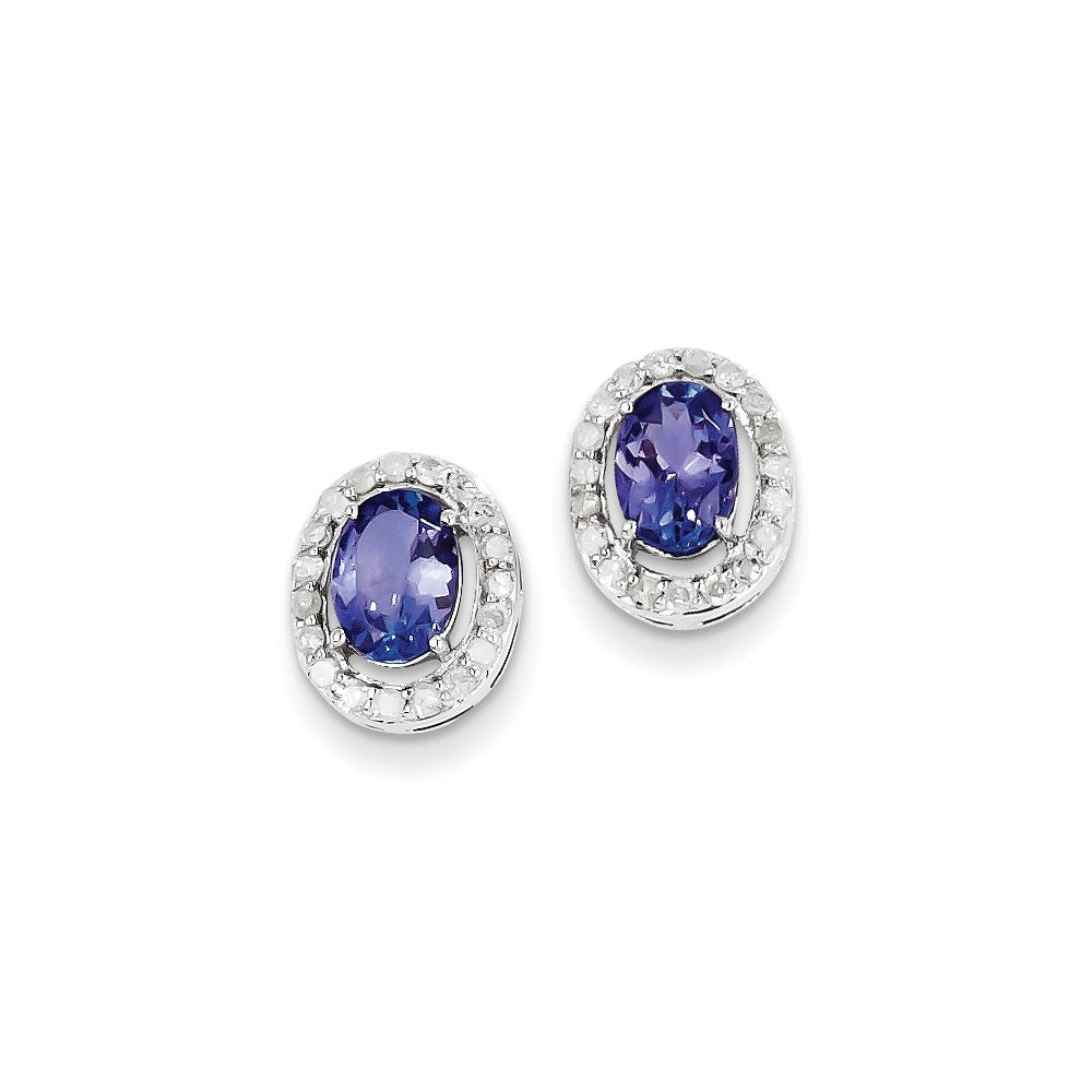 Sterling Silver Rhodium Plated Diamond u0026 Tanzanite Oval Post Earrings
