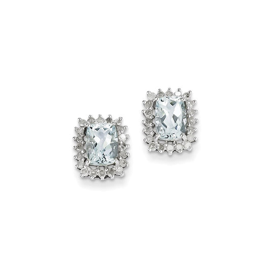 Sterling Silver Rhodium Plated Diamond Aquamarine Post Earrings