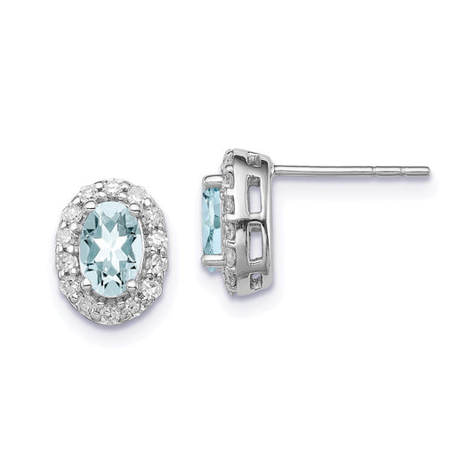 Sterling Silver Rhodium Plated Dia. u0026 Aquamarine Oval Post Earrings