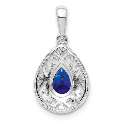Sterling Silver Rhodium Plated Sapphire Teardrop Pendant