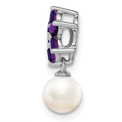 Sterling Silver Rhodium FW Cultured Pearl Amethyst Diamond Chain Slide