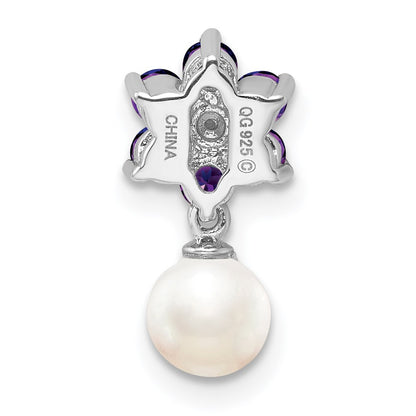 Sterling Silver Rhodium FW Cultured Pearl Amethyst Diamond Chain Slide