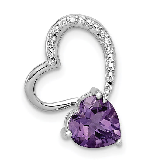 Sterling Silver Rhodium Plated Diamond and Amethyst Heart Chain Slide