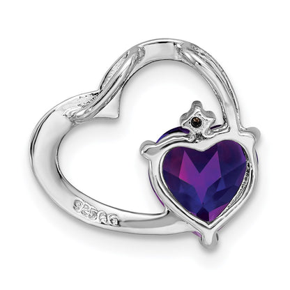 Sterling Silver Rhodium Plated Diamond and Amethyst Heart Chain Slide