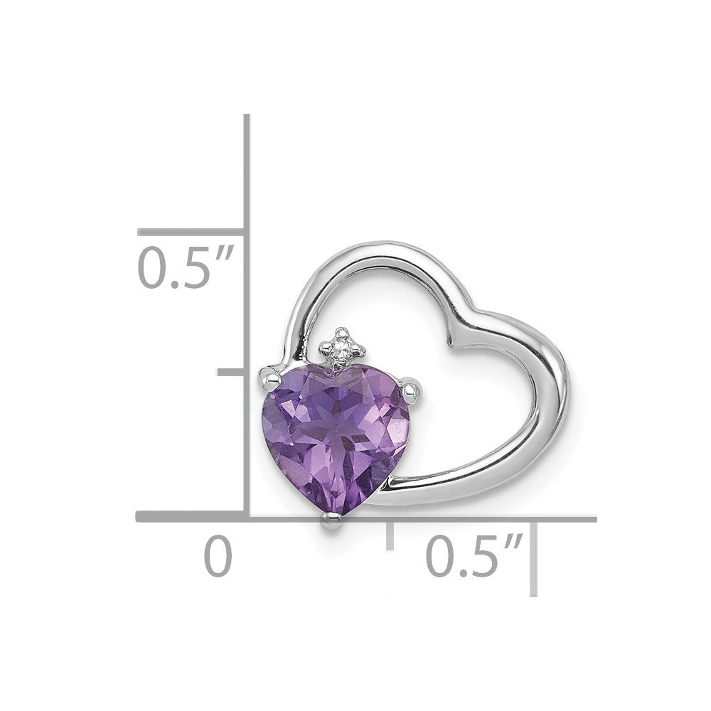 Sterling Silver Rhodium Plated Diamond and Amethyst Heart Chain Slide