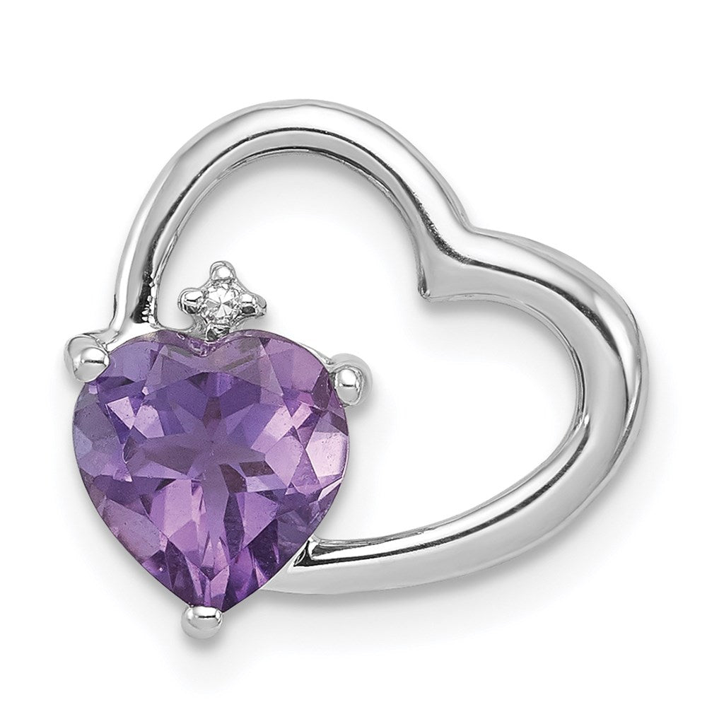 Sterling Silver Rhodium Plated Diamond and Amethyst Heart Chain Slide
