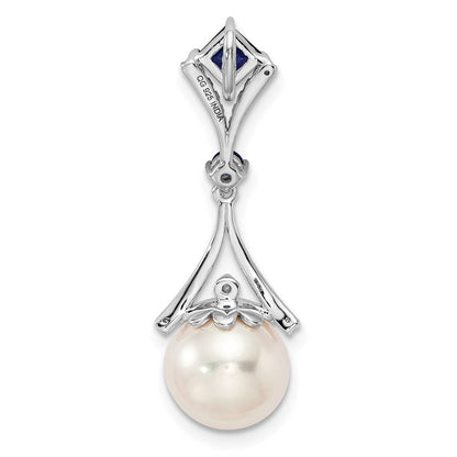 Sterling Silver Rhod Plated Dia. Created Sapphire FW Cultured Pearl Pendant