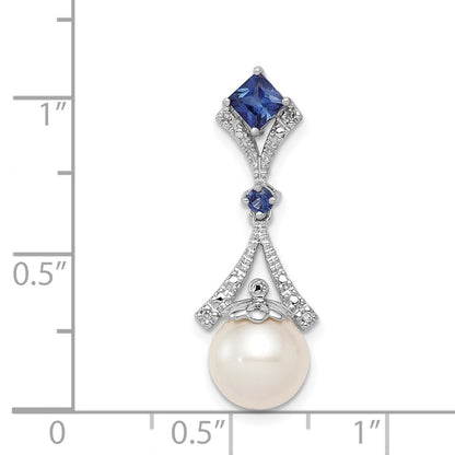 Sterling Silver Rhod Plated Dia. Created Sapphire FW Cultured Pearl Pendant