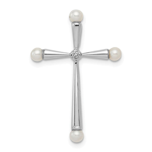 Sterling Silver Rhod Plated Diamond FW Cultured Pearl Cross Chain Slide