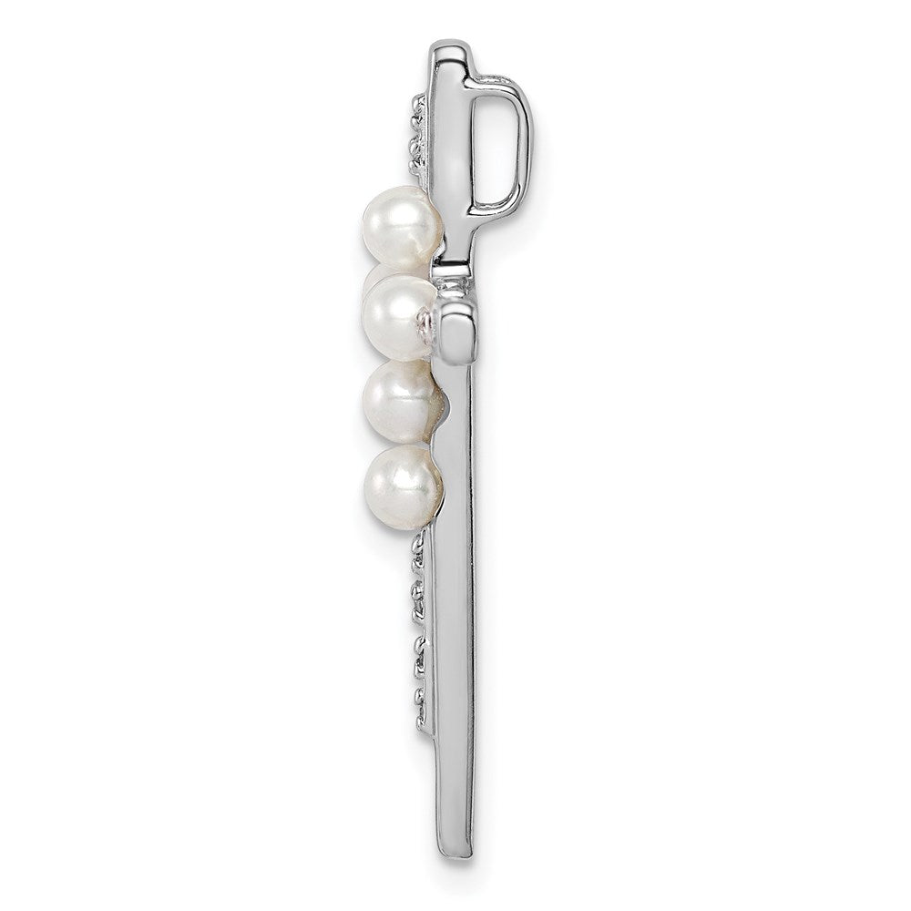 Sterling Silver Rhod Plated Diamond FWC Pearl Cross Chain Slide