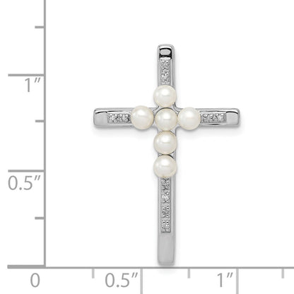 Sterling Silver Rhod Plated Diamond FWC Pearl Cross Chain Slide
