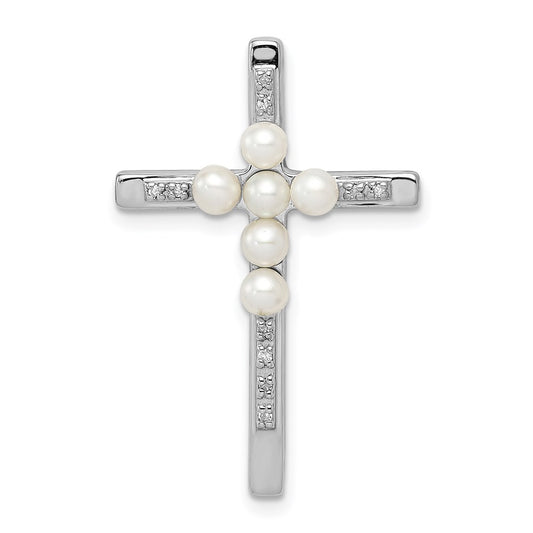 Sterling Silver Rhod Plated Diamond FWC Pearl Cross Chain Slide