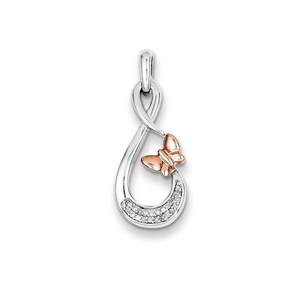 Sterling Silver Rhodium Plated 14k Rose Gold Butterfly Diamond Pendant