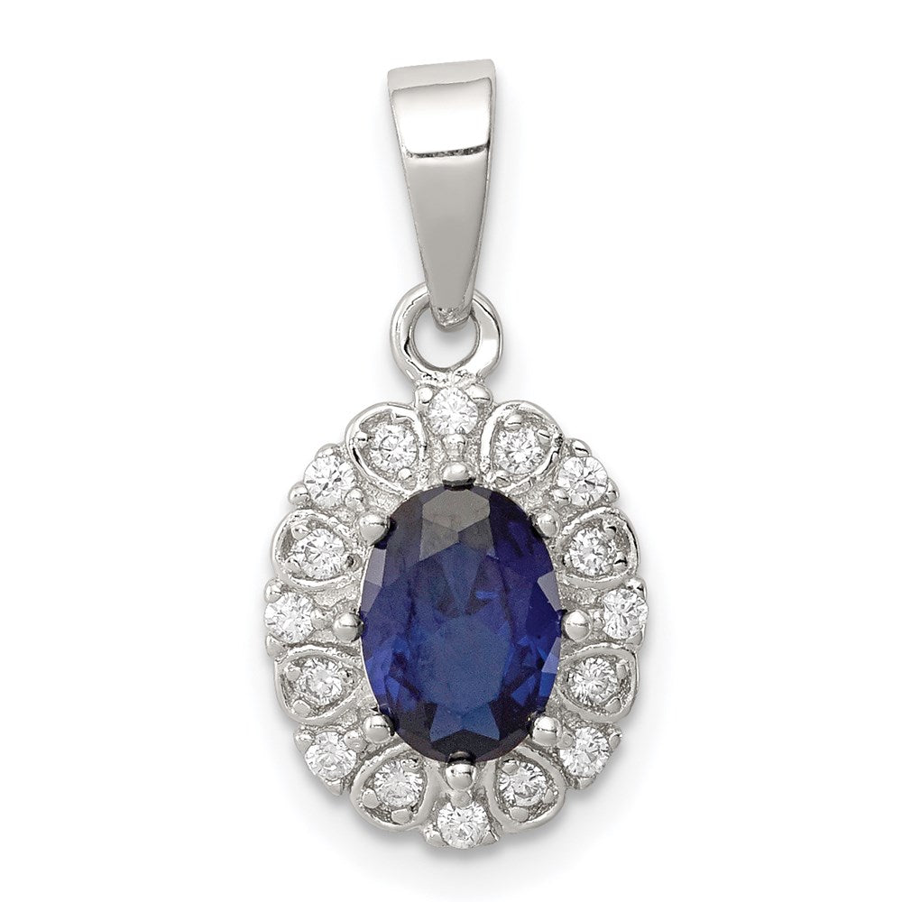 Sterling Silver RH-plated Polished CZ u0026 Created Sapphire Oval Halo Pendant