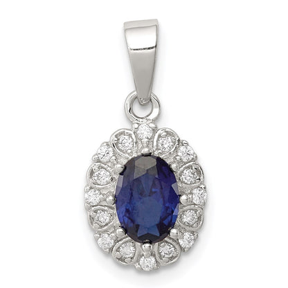 Sterling Silver RH-plated Polished CZ u0026 Created Sapphire Oval Halo Pendant