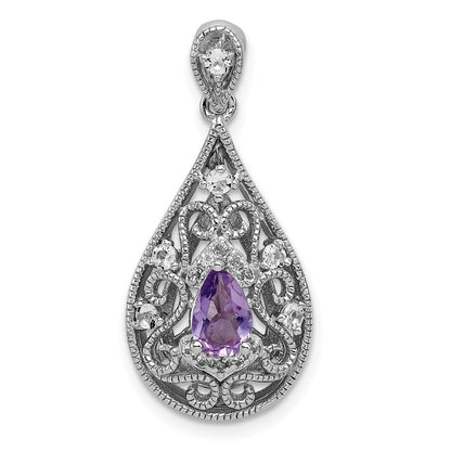 Sterling Silver Rhodium-plated Amethyst u0026 White Topaz Teardrop Pendant