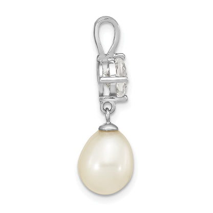 Sterling Silver Rhod-plated White Topaz 8-10mm Teardrop FWC Pearl Pendant
