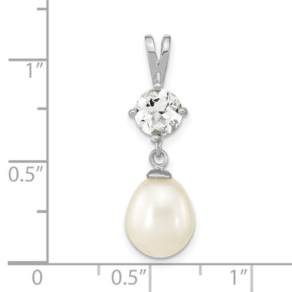 Sterling Silver Rhod-plated White Topaz 8-10mm Teardrop FWC Pearl Pendant