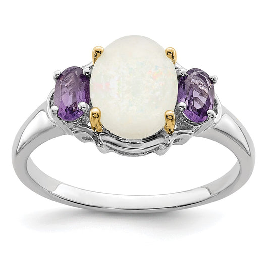 Brilliant Gemstones Sterling Silver with 14K Accent Rhodium-plated Opal and Amethyst Ring