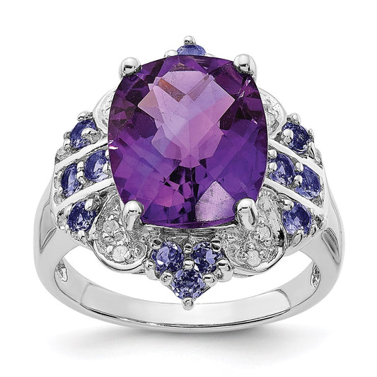 Sterling Silver Rhodium-plated Amethyst, Tanzanite u0026 Diamond Ring