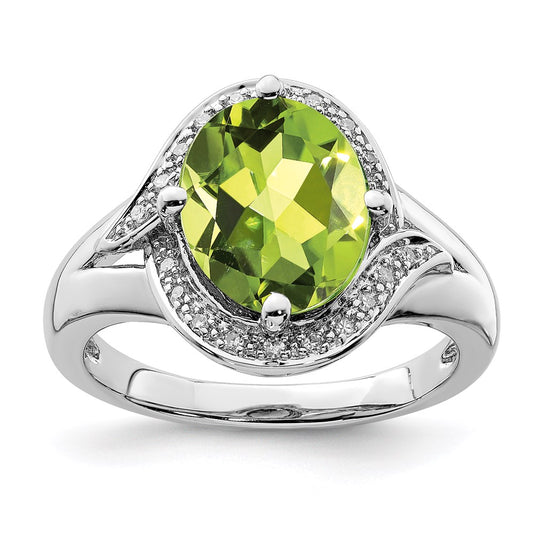 Sterling Silver Rhodium Diamond and Peridot Oval Ring