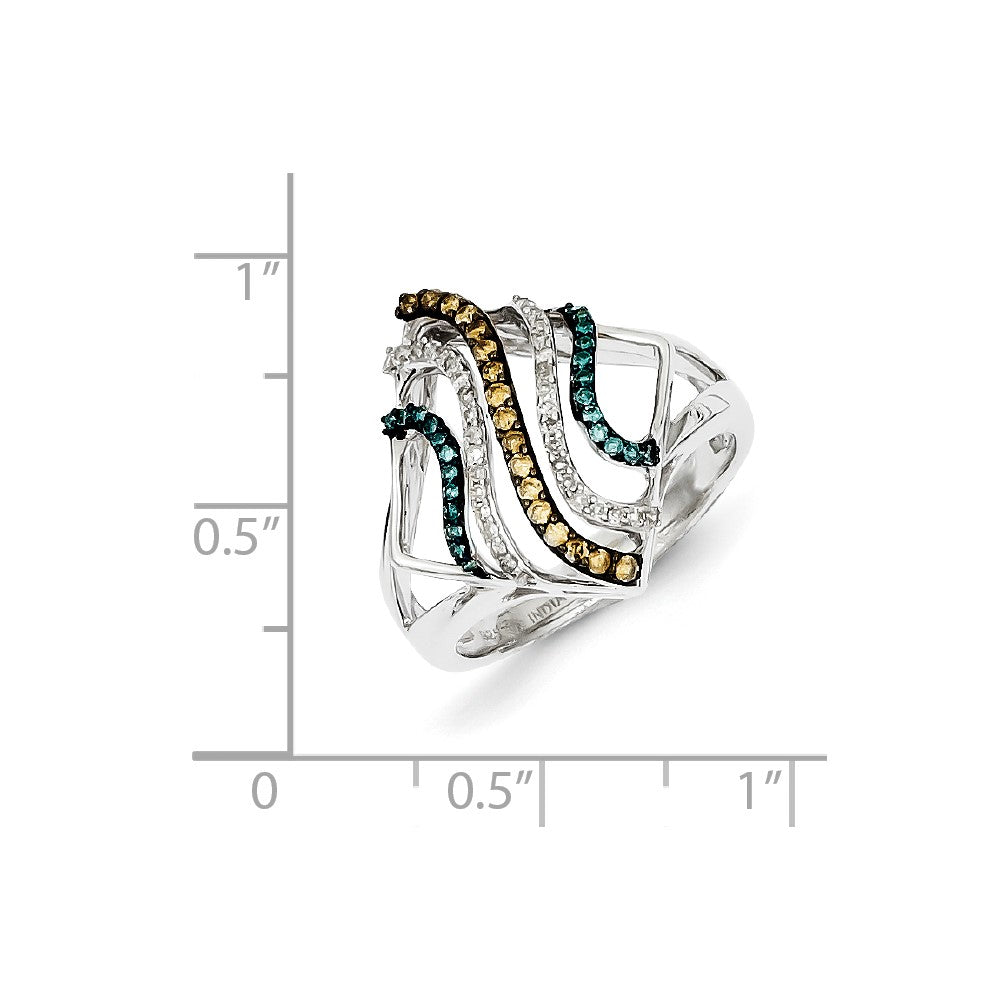 Sterling Silver Bridal Swirl Design White, Champagne u0026 Blue Diamond Ring