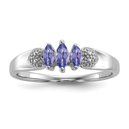Sterling Silver Rhodium 3 Stone Tanzanite and Diamond Ring