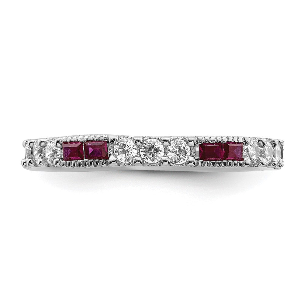 Sterling Silver Rhodium-plated Created Ruby and Round CZ Band
