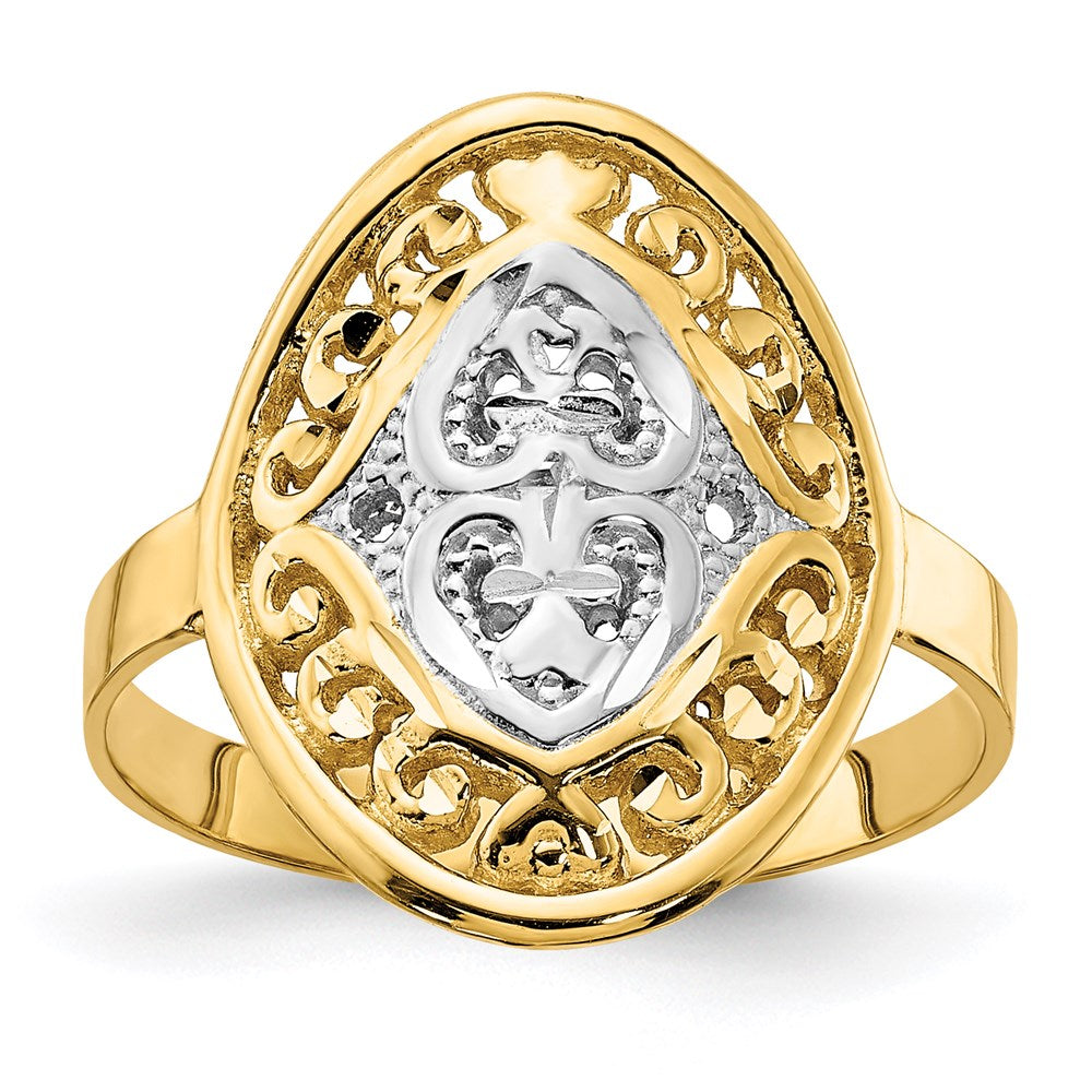 14k yellow gold w rhodium oval shield and hearts ring r937