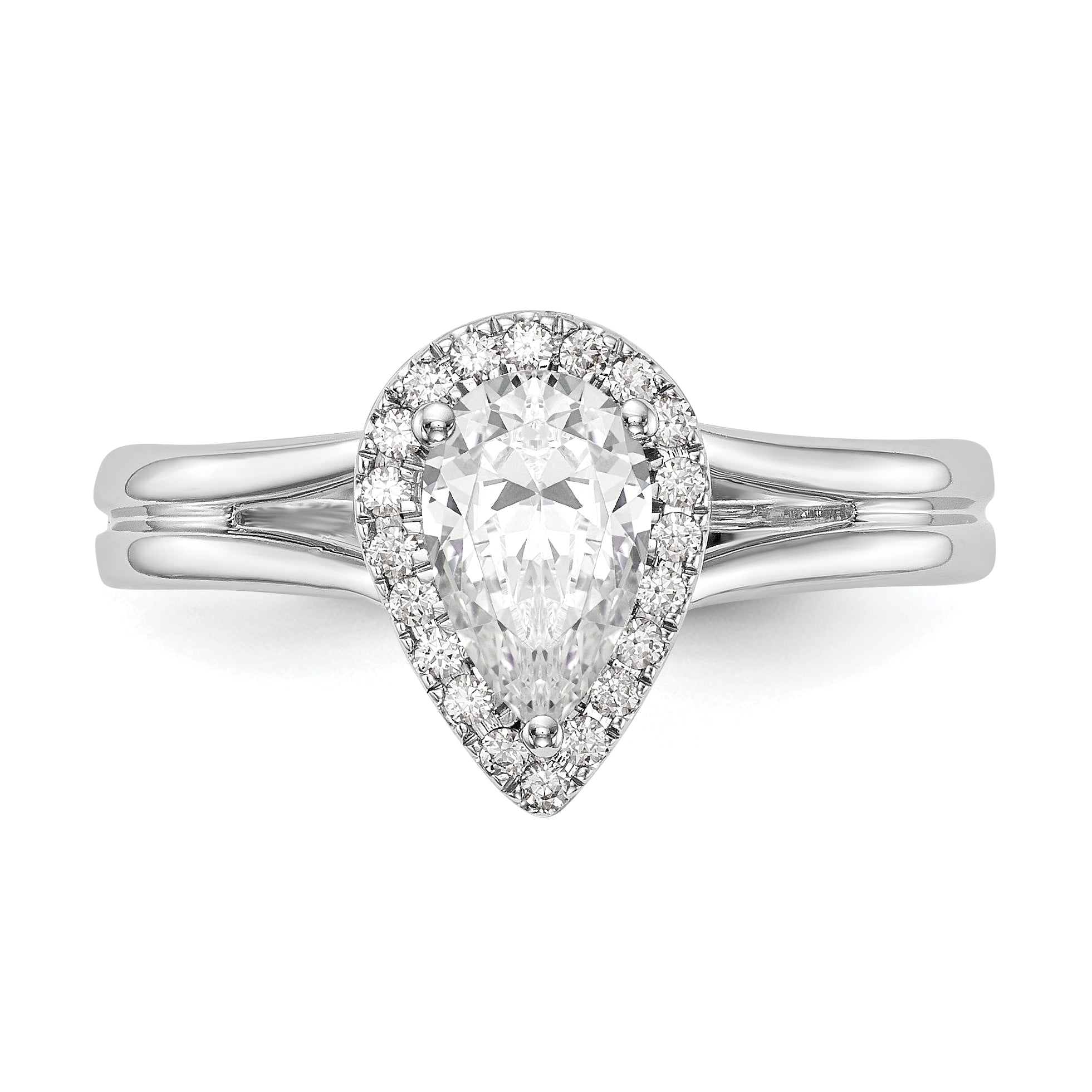 0.25ct. CZ Solid Real 14K White Gold Pear Halo Split Shank Engagement Ring