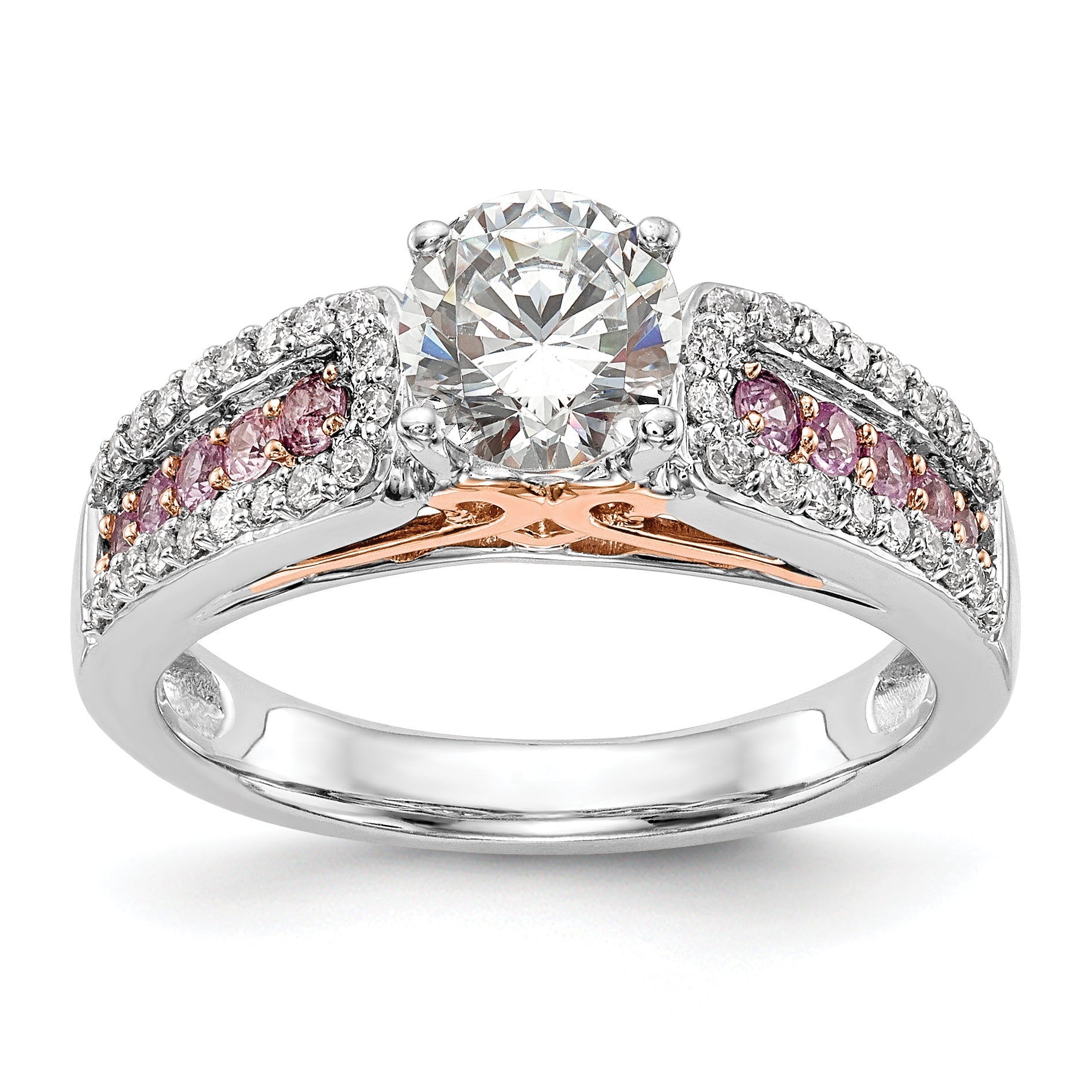 0.25ct. CZ Solid Real 14k Two-Tone Peg Set w/Pink Sapphire Semi-mnt Engagement Ring