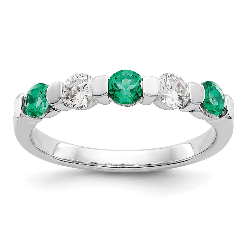 Solid 14k White Gold Simulated CZ w/Simulated Emerald Band