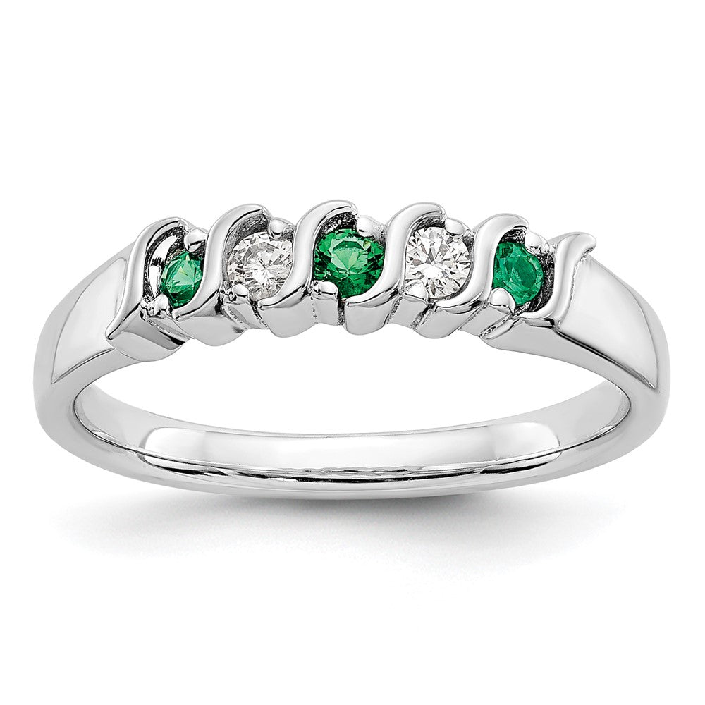 Solid 14k White Gold Simulated CZ w/Simulated Emerald Band