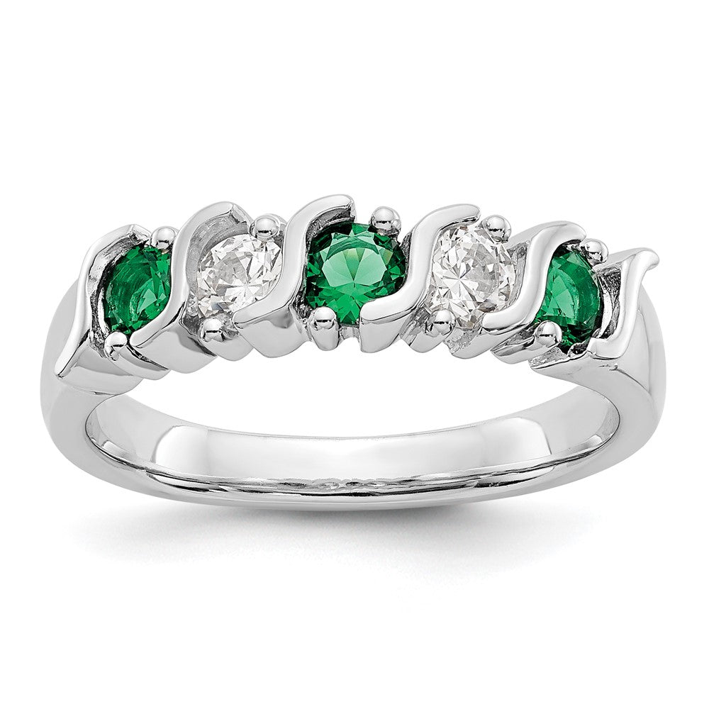 Solid 14k White Gold Simulated CZ w/Simulated Emerald Band