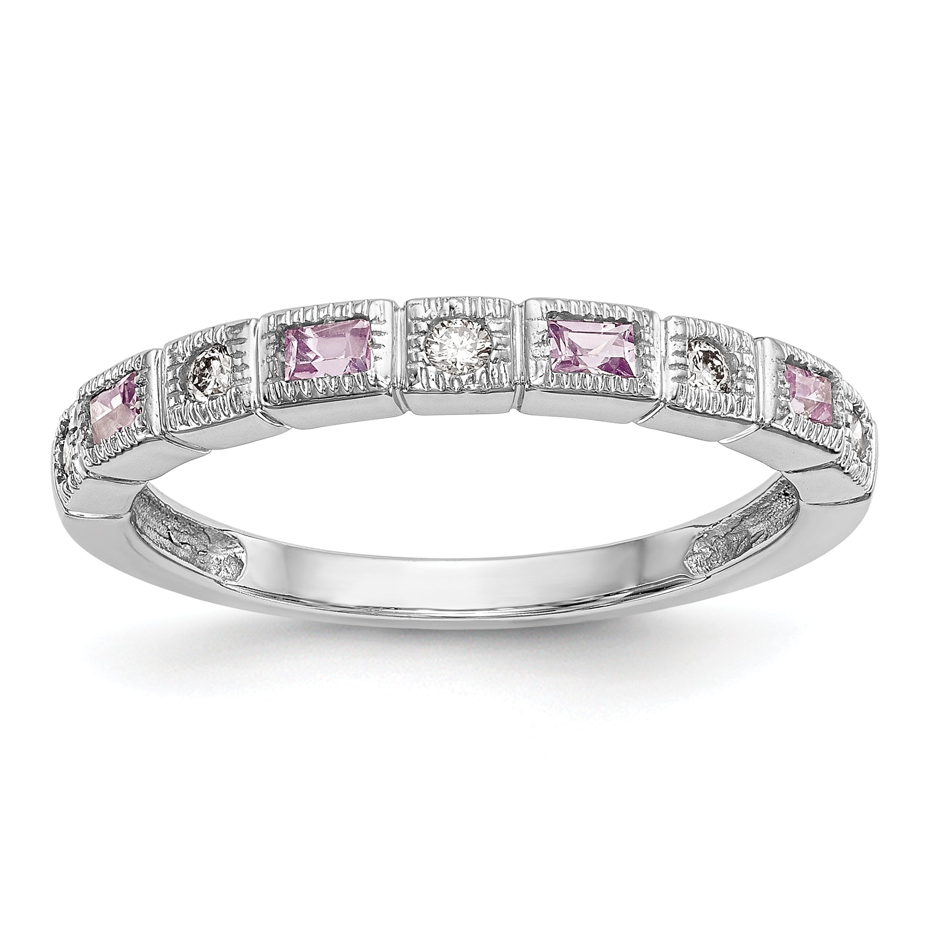 Solid 14k White Gold Simulated CZ w/PinK Sapphire Band