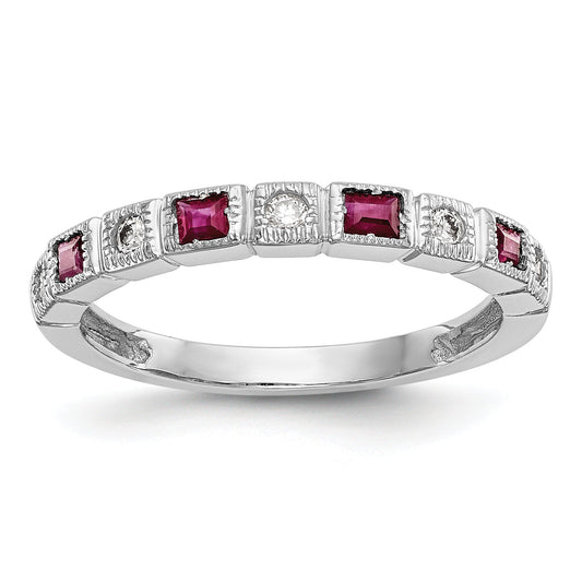Solid 14k White Gold Simulated CZ w/Simulated Ruby Band