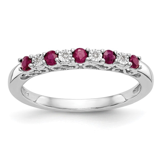 Solid 14k White Gold Simulated CZ w/Simulated Ruby Band