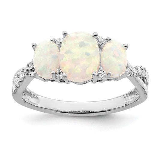 14k white gold created opal and real diamond 3 stone ring rm5971 op 013 wa