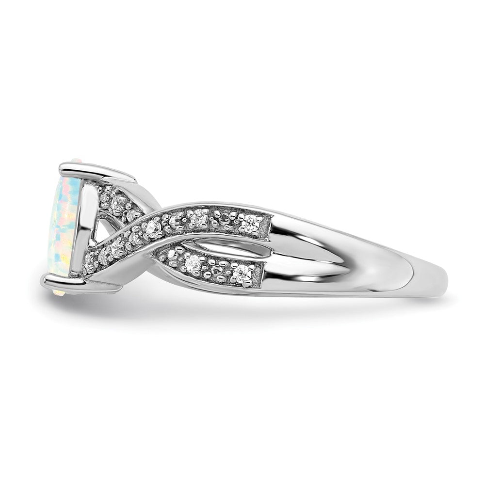 Solid 14k White Gold Created Simulated Opal and CZ Ring