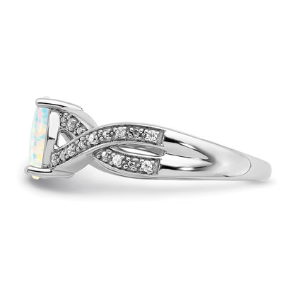 Solid 14k White Gold Created Simulated Opal and CZ Ring