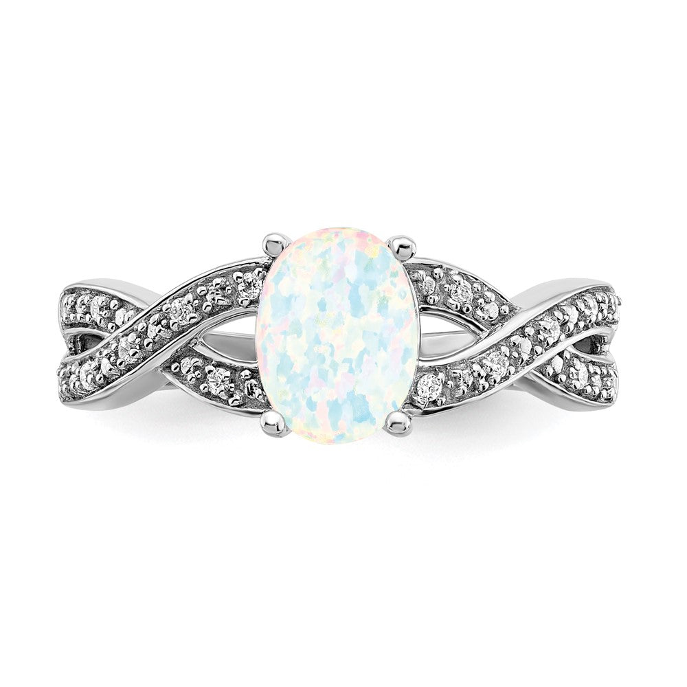 Solid 14k White Gold Created Simulated Opal and CZ Ring