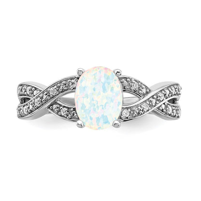 Solid 14k White Gold Created Simulated Opal and CZ Ring