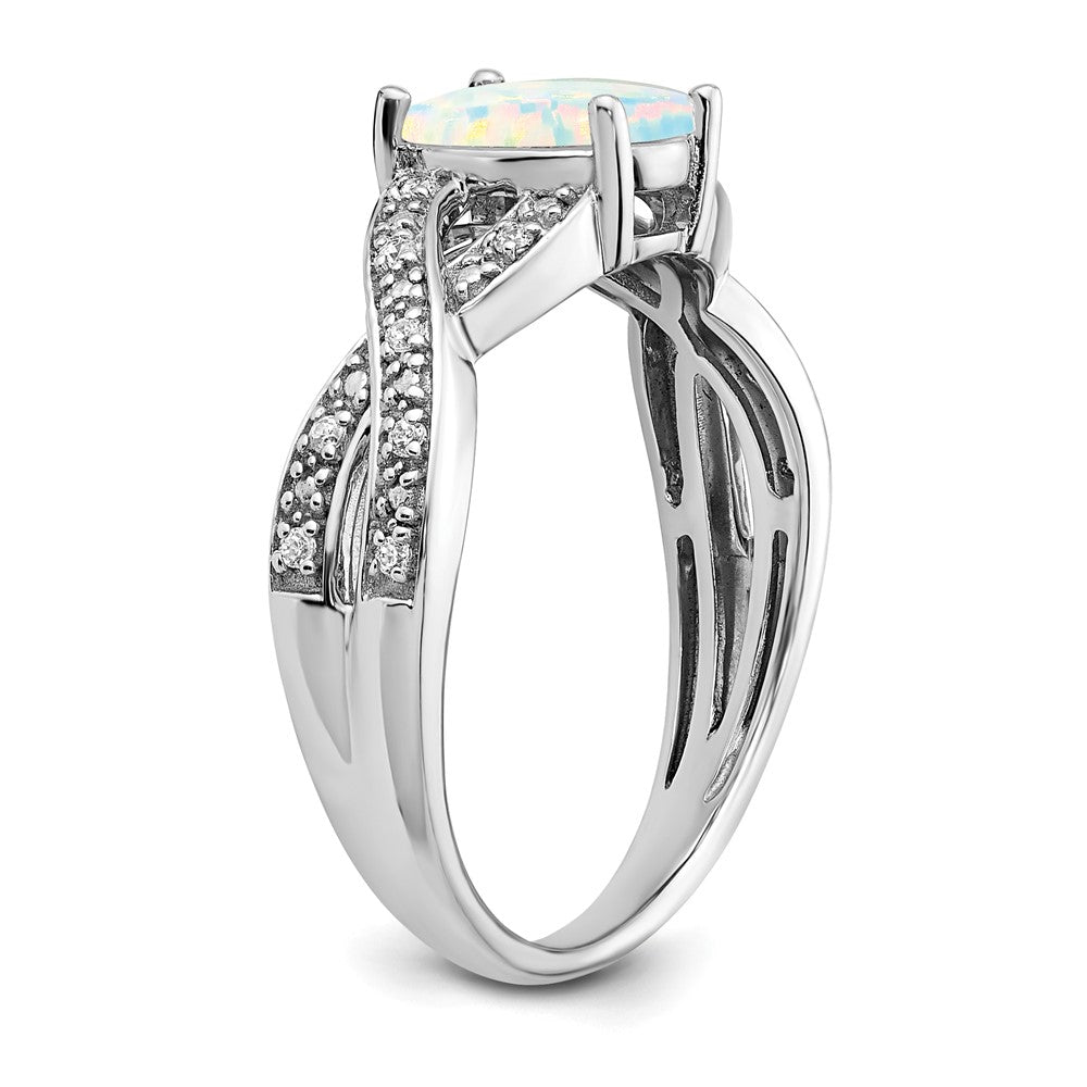 Solid 14k White Gold Created Simulated Opal and CZ Ring