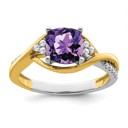 14k two tone gold cushion amethyst and real diamond ring rm6039 am 012 ywa
