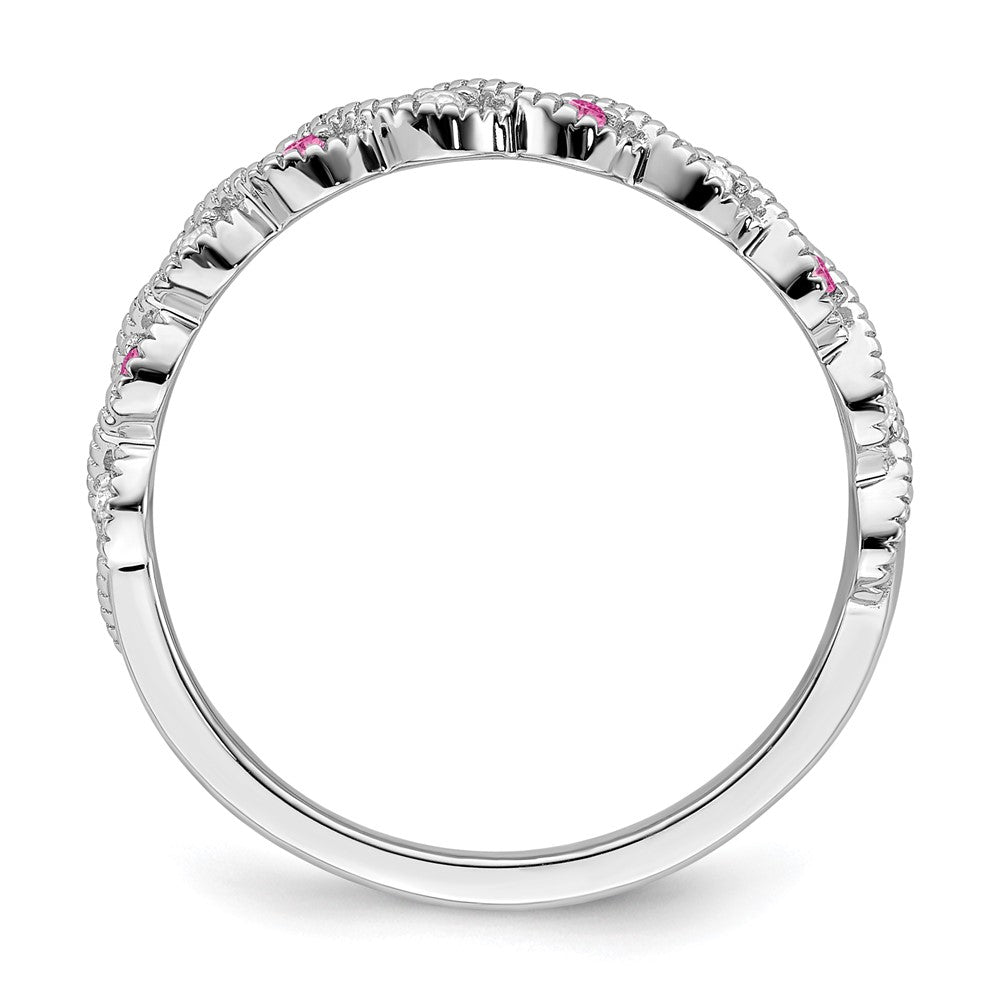 Solid 14k White Gold Created PinK Simulated Sapphire and CZ Twist Band