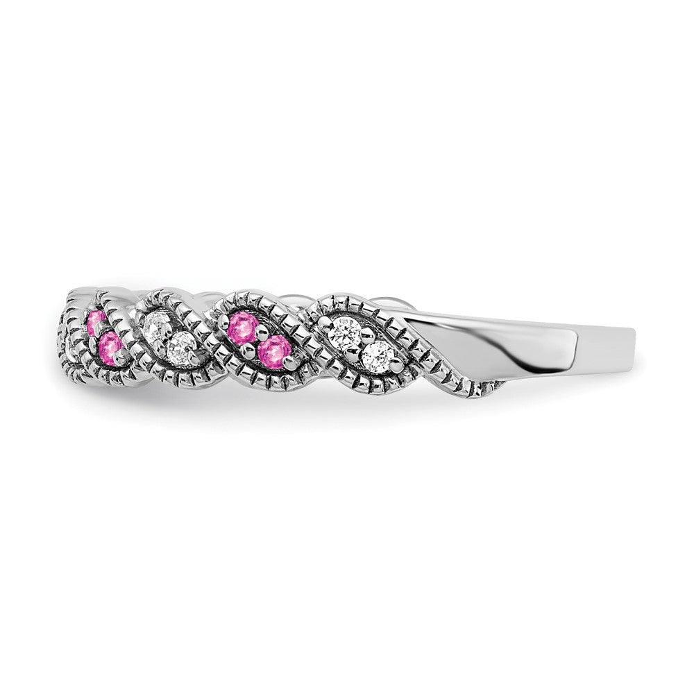 Solid 14k White Gold Created PinK Simulated Sapphire and CZ Twist Band