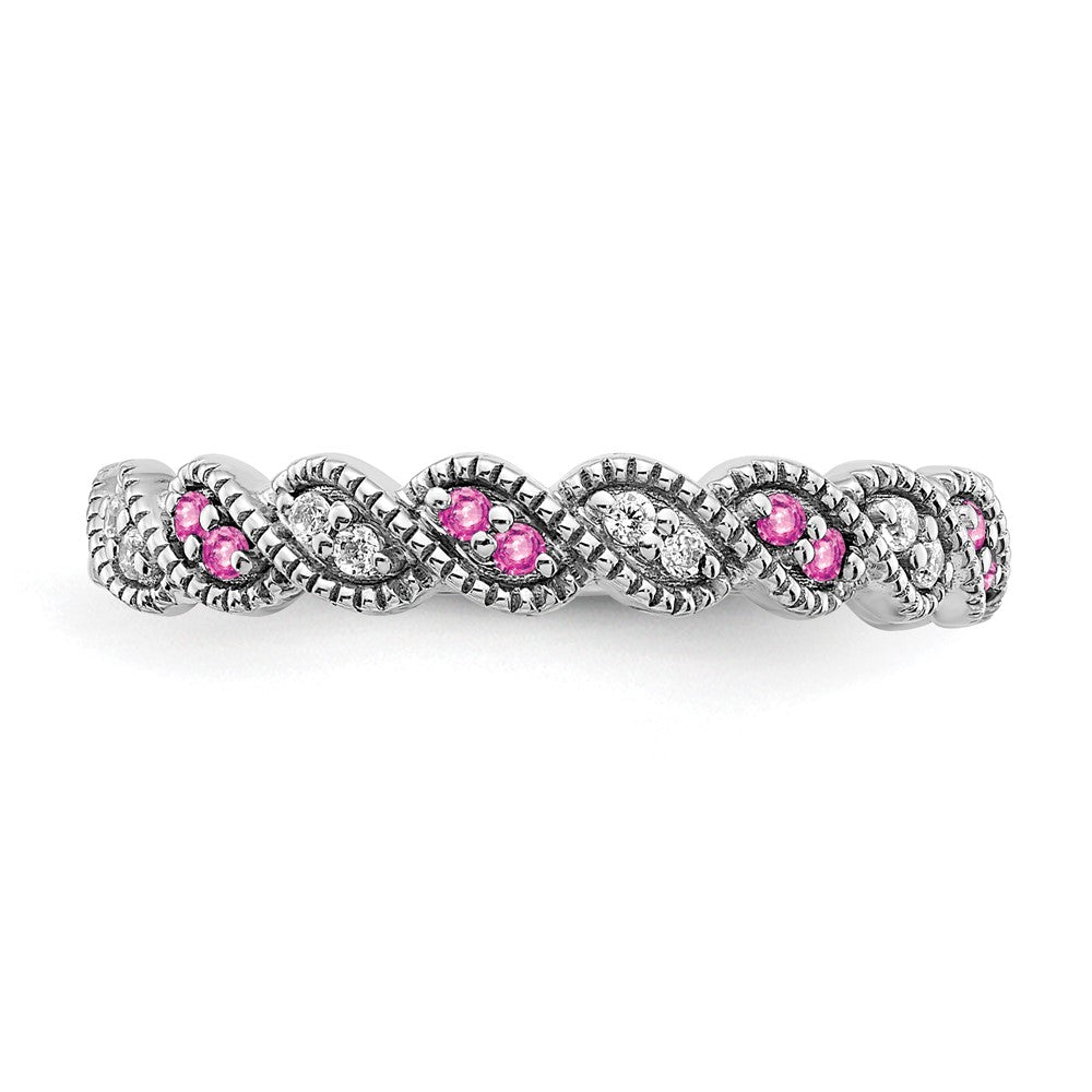 Solid 14k White Gold Created PinK Simulated Sapphire and CZ Twist Band